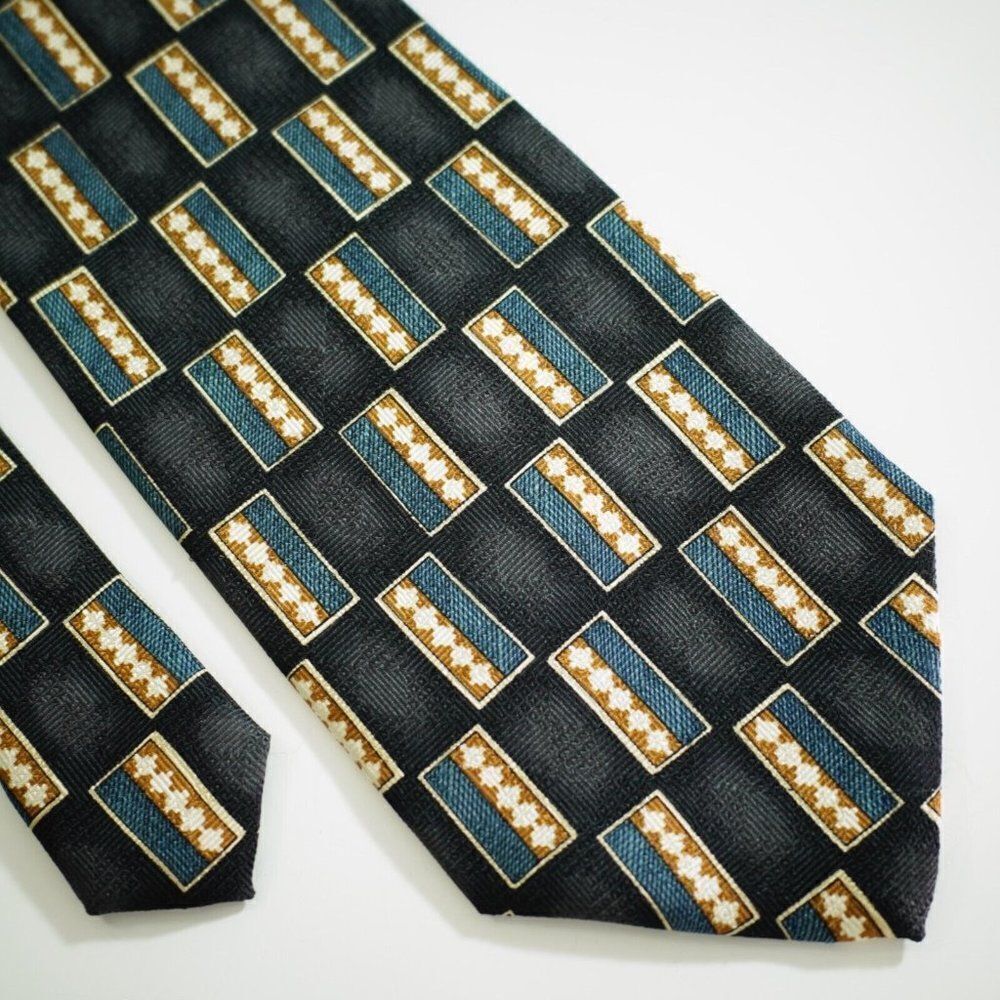 Louis Roth Black Blue Tan Abstract Geometric Jacquard Print Wide Silk Tie
